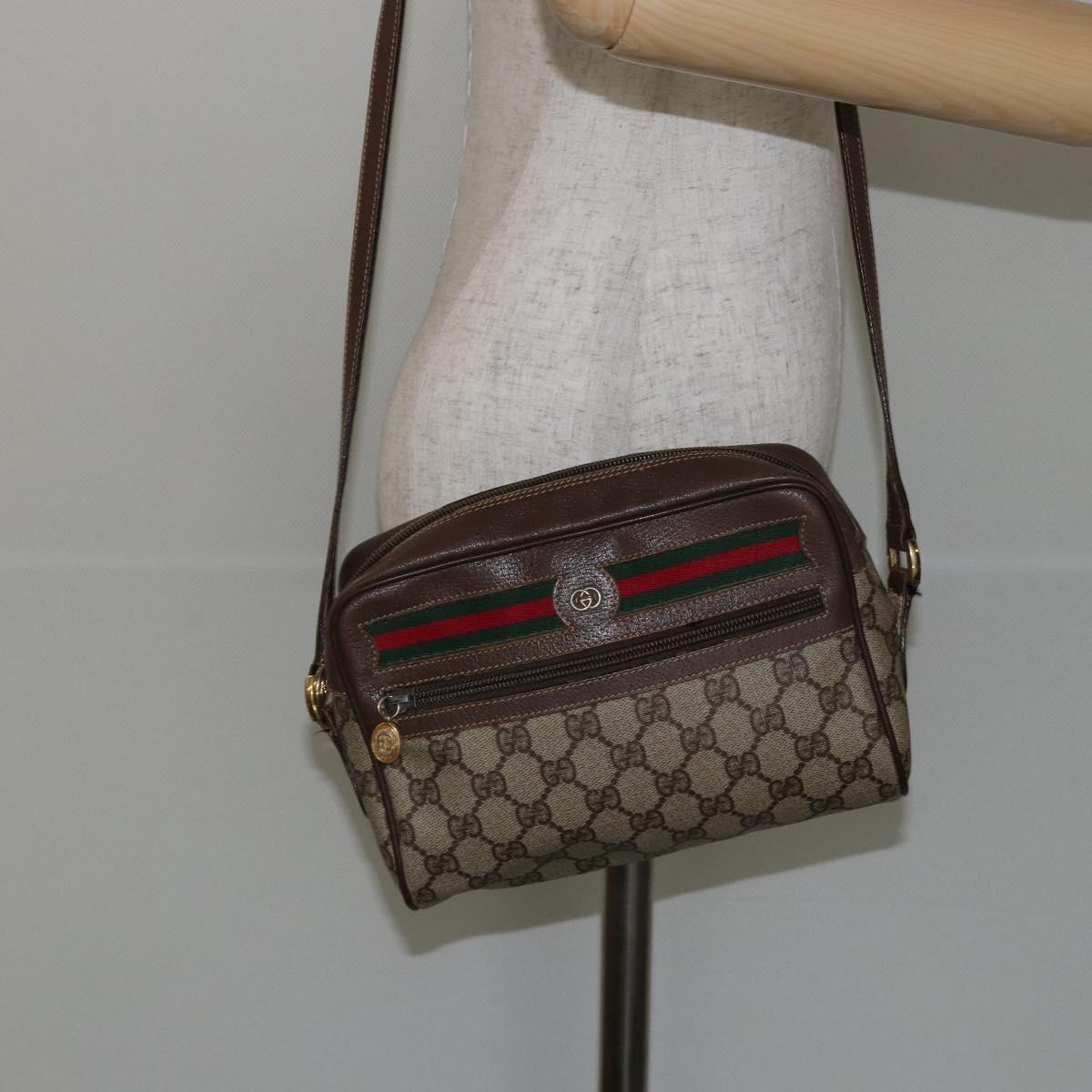 GUCCI GG Supreme Web Sherry Line Shoulder Bag PVC Beige Gold Auth 144379