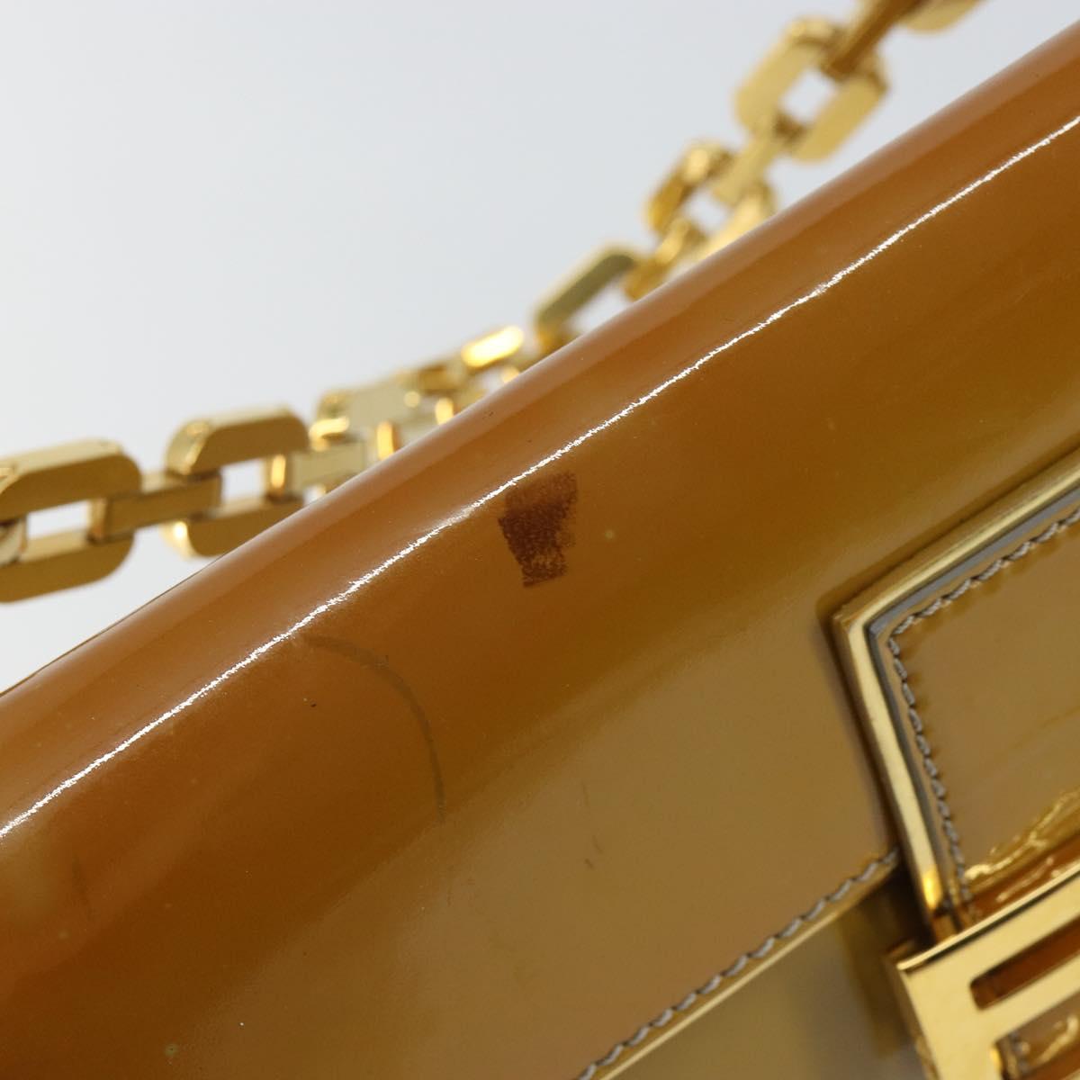 FENDI Mamma Baguette Chain Shoulder Bag Patent leather Gray Gold Auth 144385A
