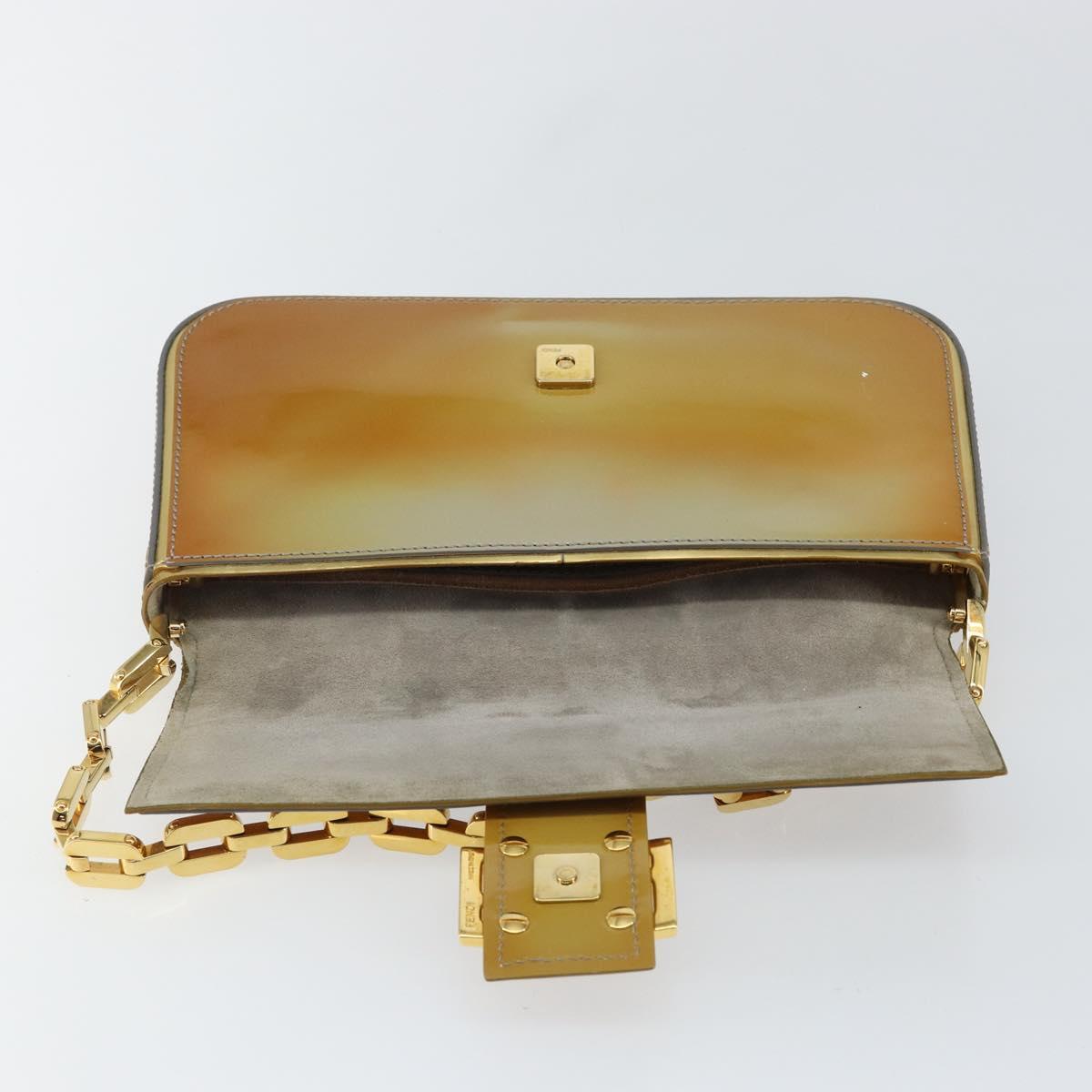 FENDI Mamma Baguette Chain Shoulder Bag Patent leather Gray Gold Auth 144385A