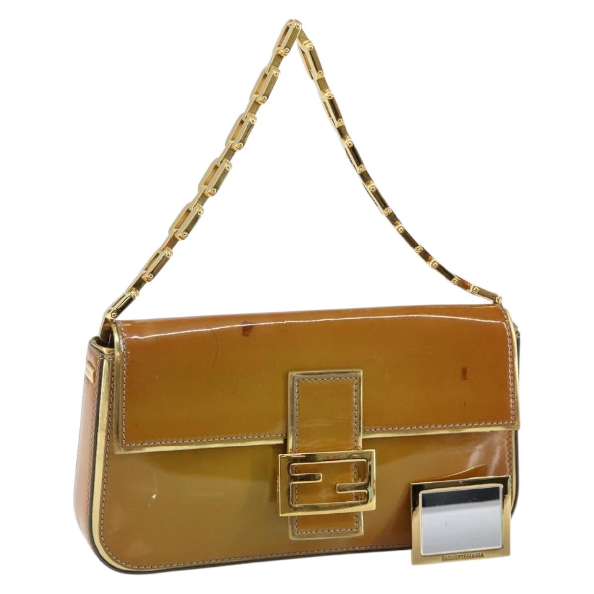 FENDI Mamma Baguette Chain Shoulder Bag Patent leather Gray Gold Auth 144385A