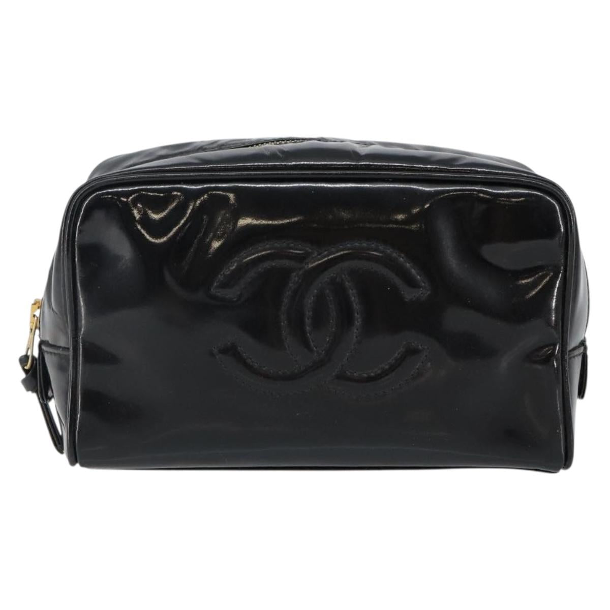 CHANEL COCO Mark Vanity Cosmetic Pouch Patent leather Black Gold CC Auth 144394
