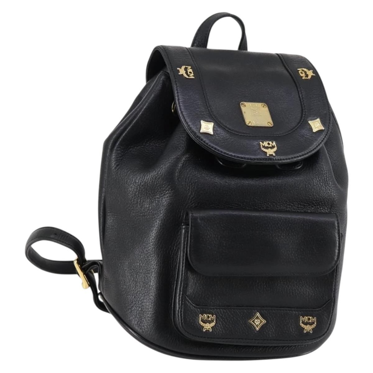 MCM Studs Backpack Leather Black Gold Auth 144411