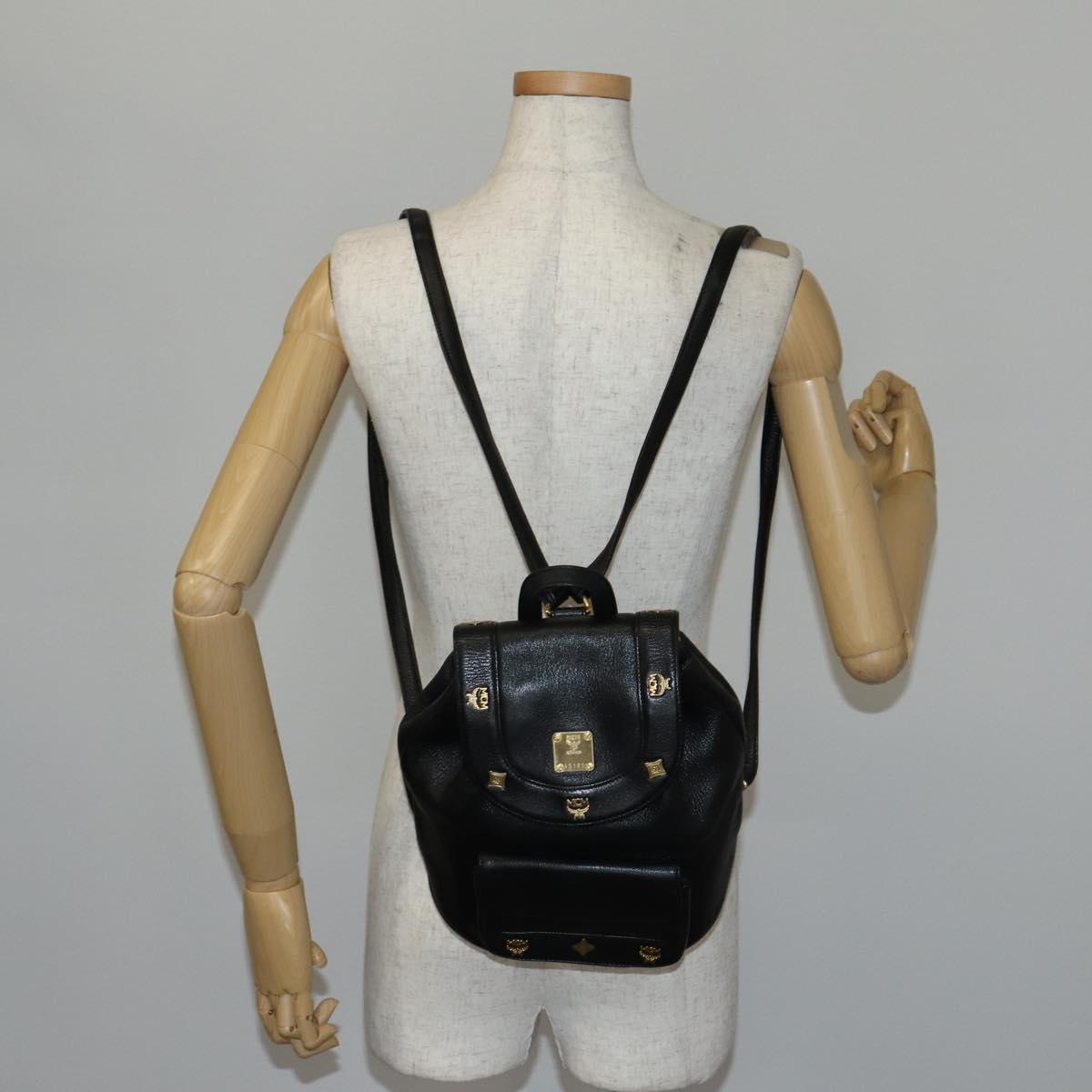 MCM Studs Backpack Leather Black Gold Auth 144411