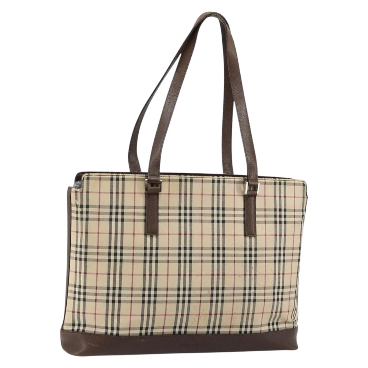 BURBERRY Nova Check Tote Bag Canvas Leather Beige Silver Auth 144429