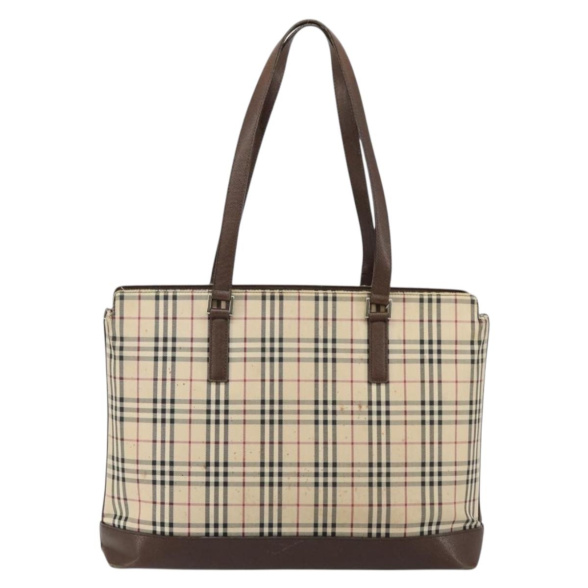 BURBERRY Nova Check Tote Bag Canvas Leather Beige Silver Auth 144429