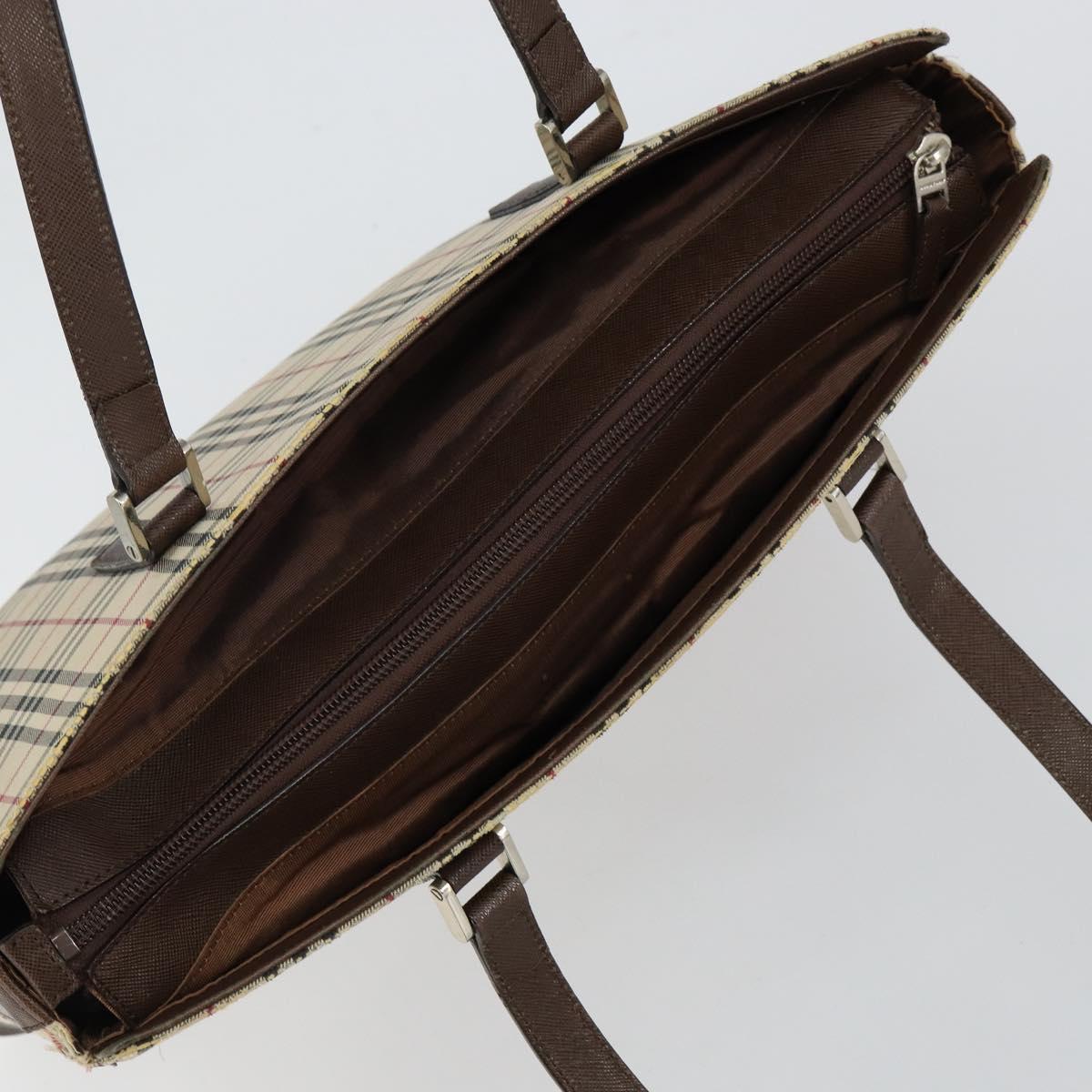 BURBERRY Nova Check Tote Bag Canvas Leather Beige Silver Auth 144429