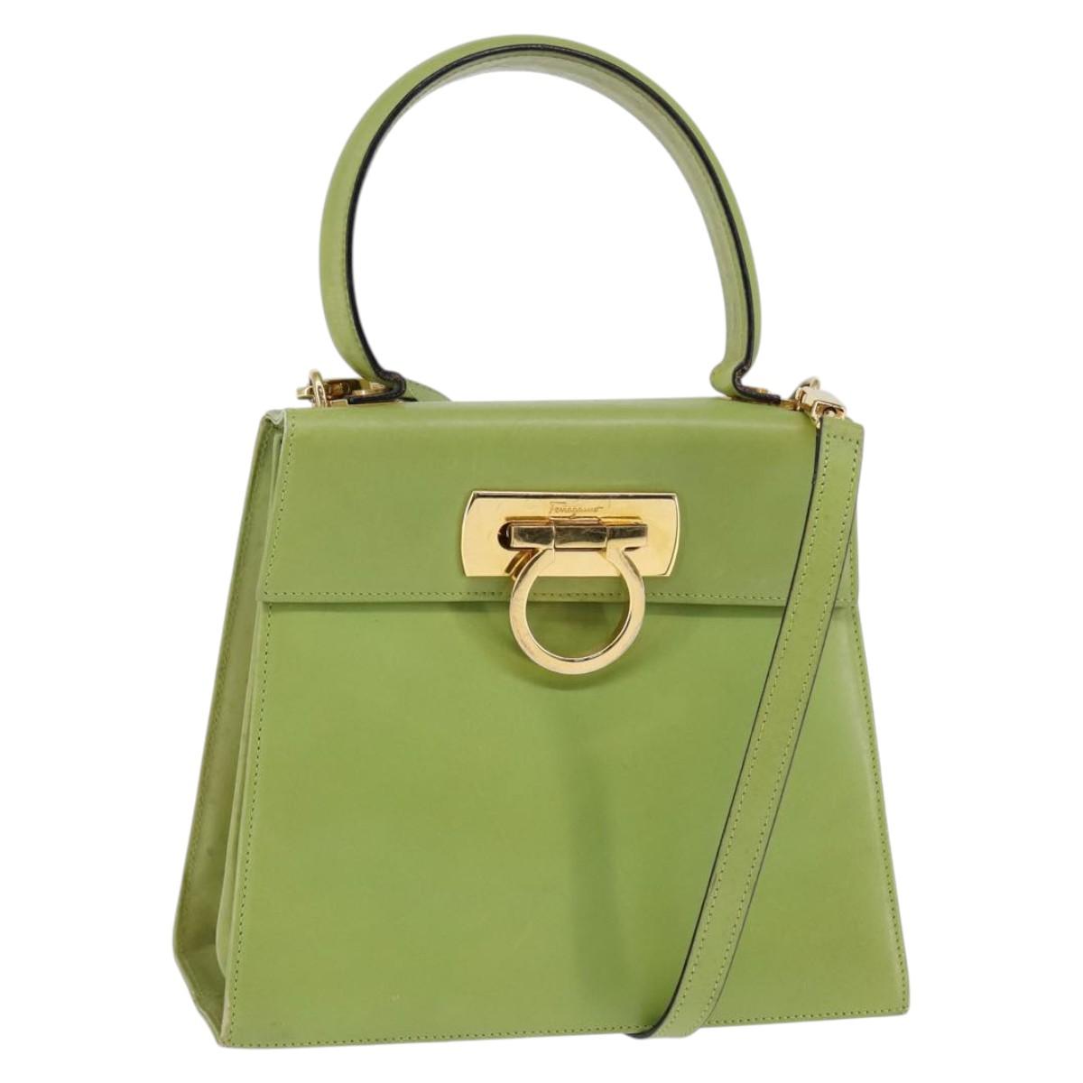 Salvatore Ferragamo Gancini Hand Bag Leather 2way Green Gold Auth 144432A