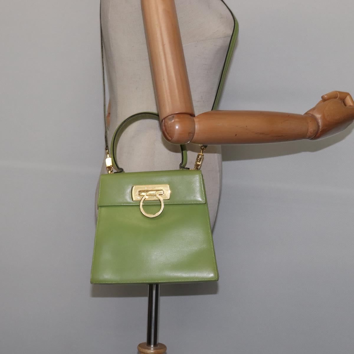 Salvatore Ferragamo Gancini Hand Bag Leather 2way Green Gold Auth 144432