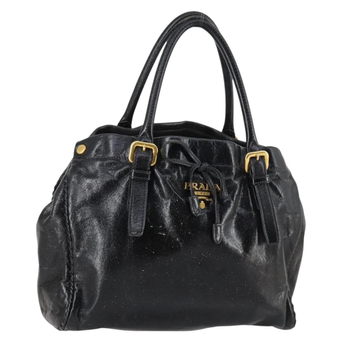 PRADA Hand Bag Leather 2way Black Gold Auth 144447