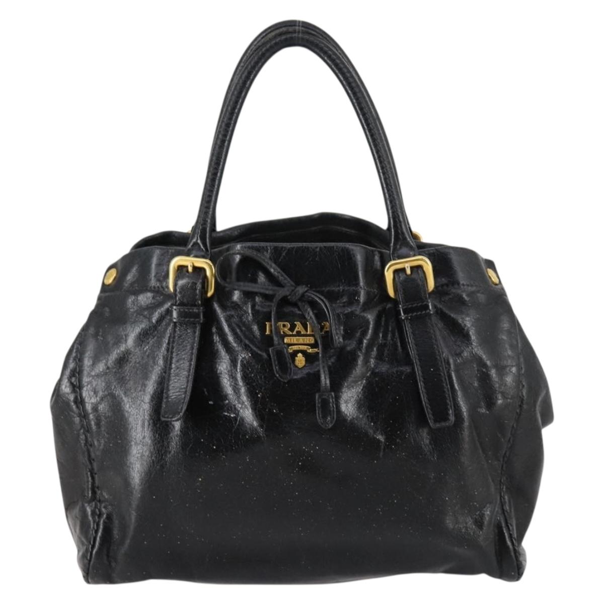 PRADA Hand Bag Leather 2way Black Gold Auth 144447