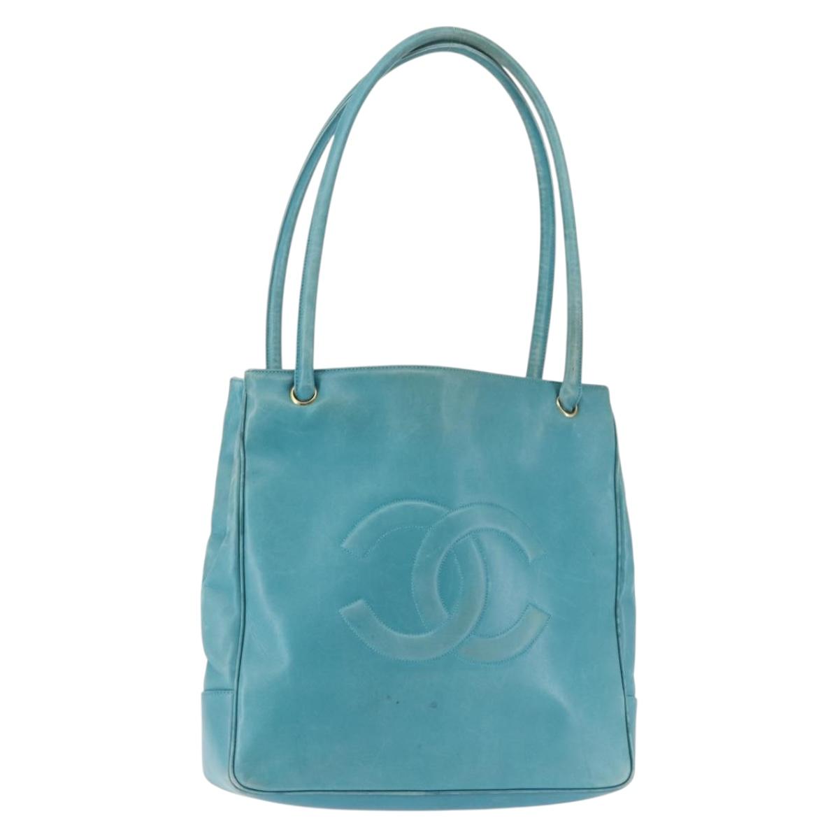 CHANEL COCO Mark Shoulder Bag Lamb Skin Turquoise Blue Gold CC Auth 144517