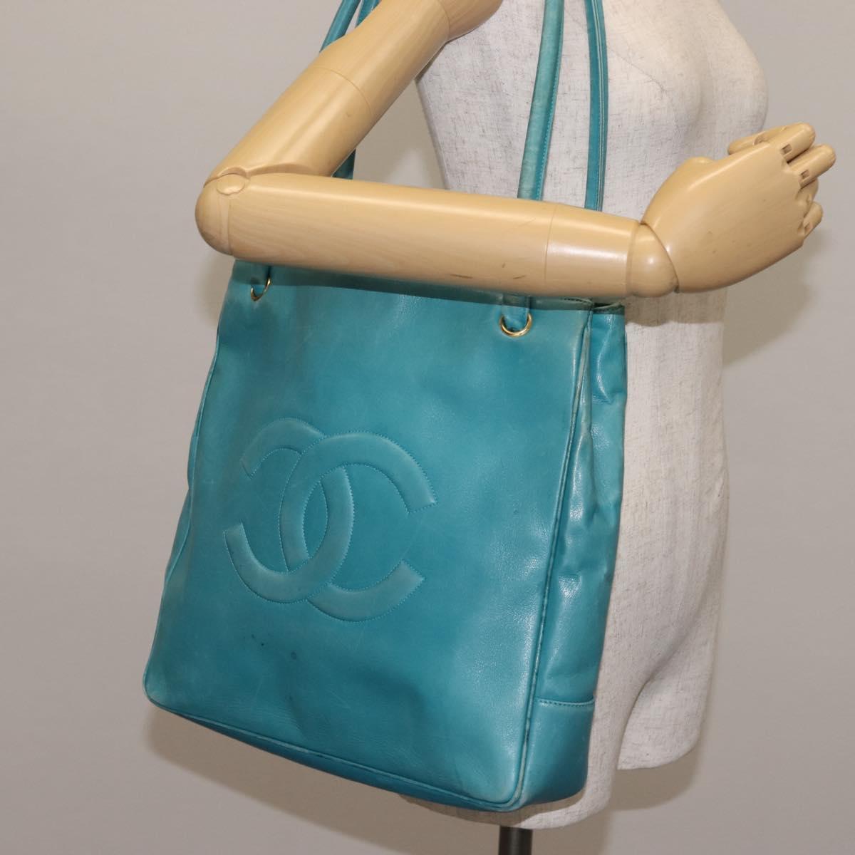 CHANEL COCO Mark Shoulder Bag Lamb Skin Turquoise Blue Gold CC Auth 144517
