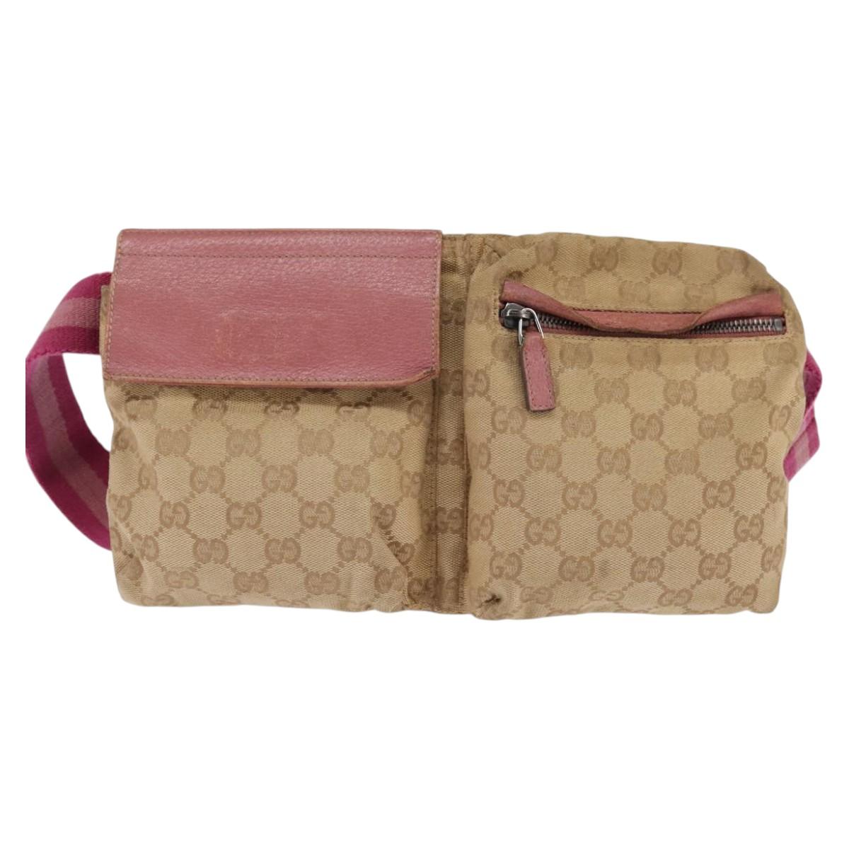 GUCCI GG Canvas Sherry Line Waist Bag Beige Pink Silver 28566 Auth 144532