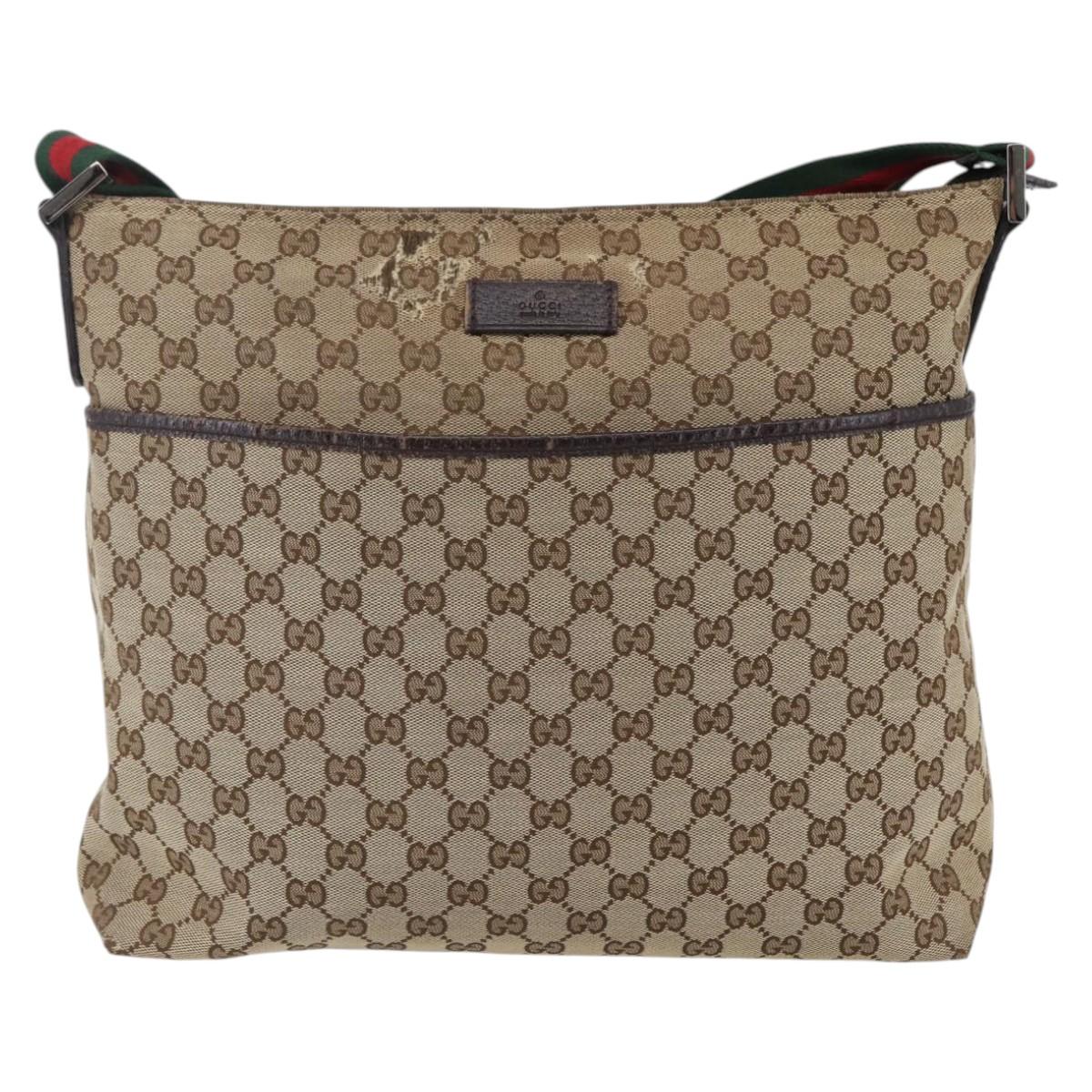 GUCCI GG Canvas Web Sherry Line Shoulder Bag Beige Silver 189751 Auth 144567
