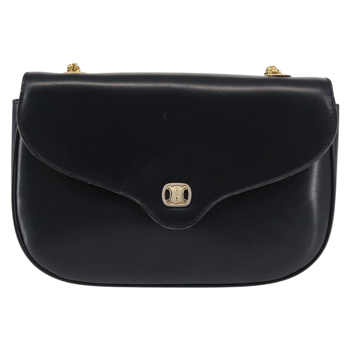 CELINE Chain Shoulder Bag Leather Navy Gold Auth 144581