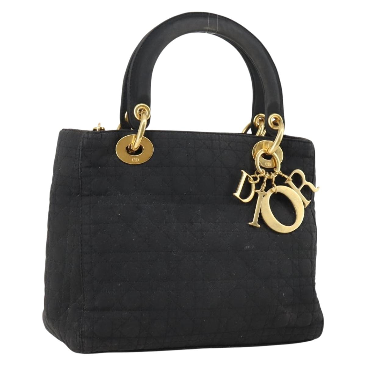 Christian Dior Lady Dior Canage Hand Bag Nylon Black Gold Auth 144597