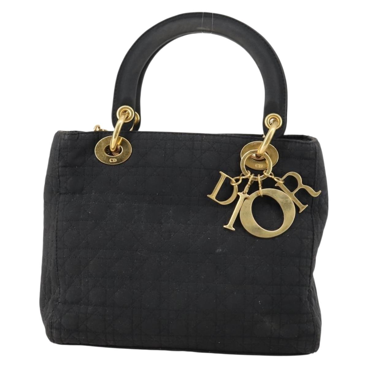 Christian Dior Lady Dior Canage Hand Bag Nylon Black Gold Auth 144597