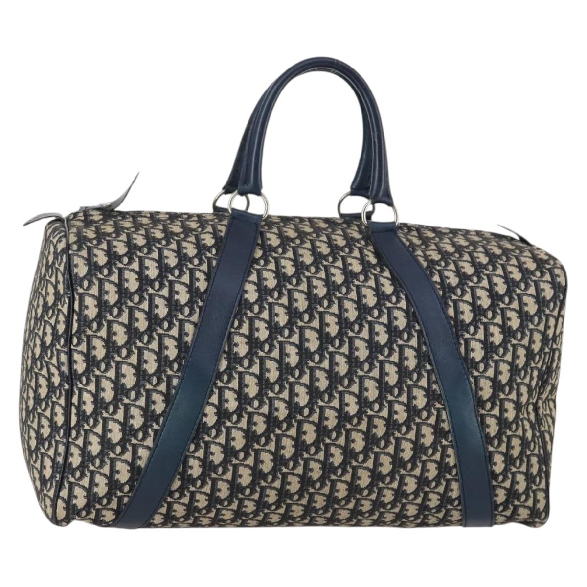 Christian Dior Trotter Canvas Boston Bag Navy Silver Auth 144620