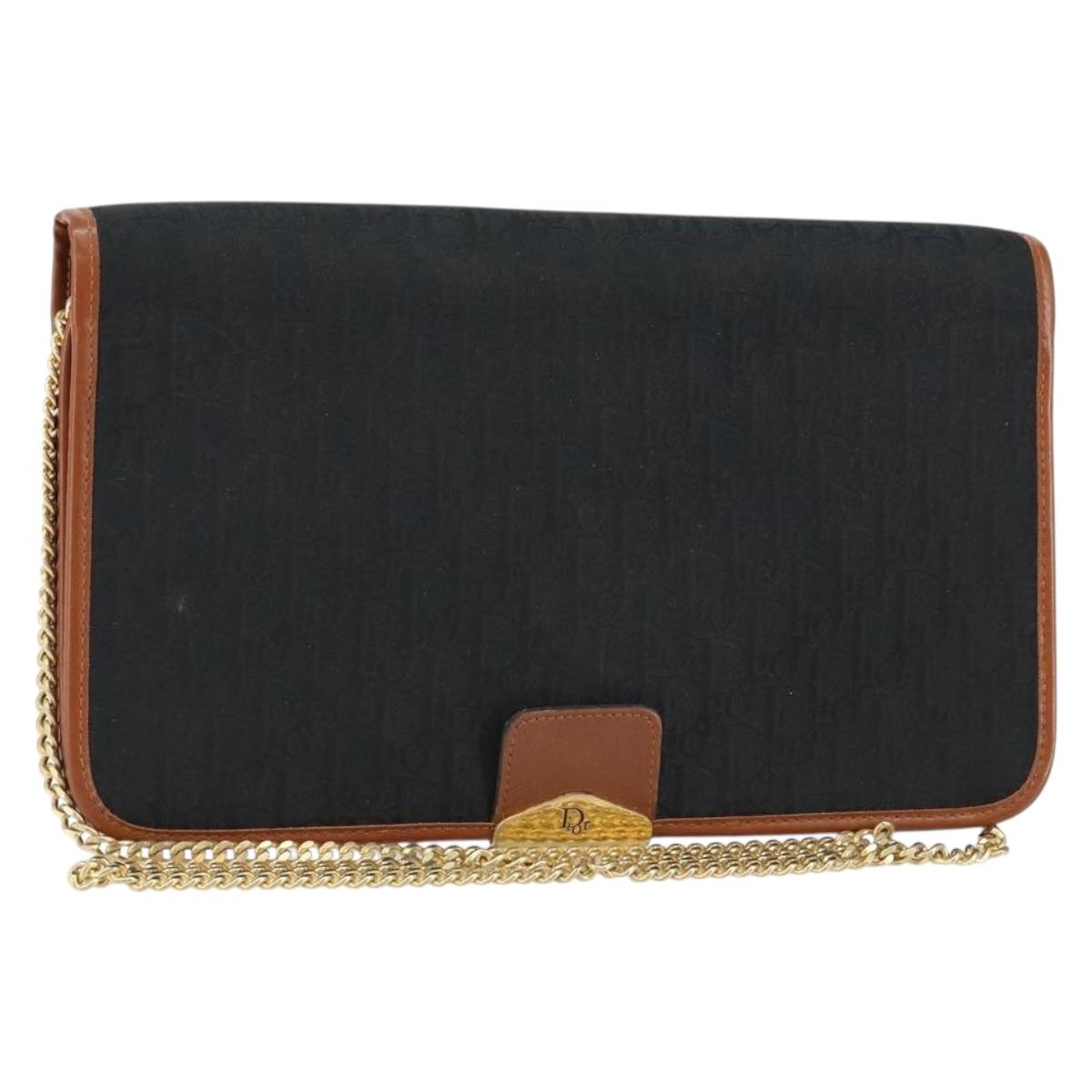 Christian Dior Trotter Canvas Chain Shoulder Bag Black Gold Auth 144627