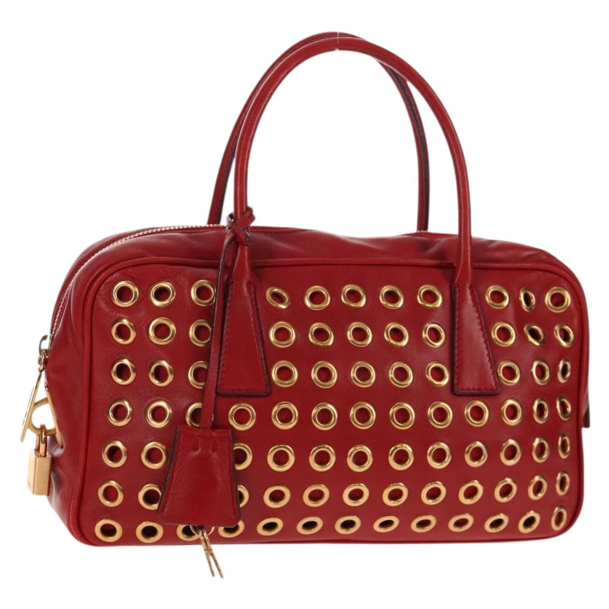 PRADA Hand Bag Leather Red Gold Auth 144642V