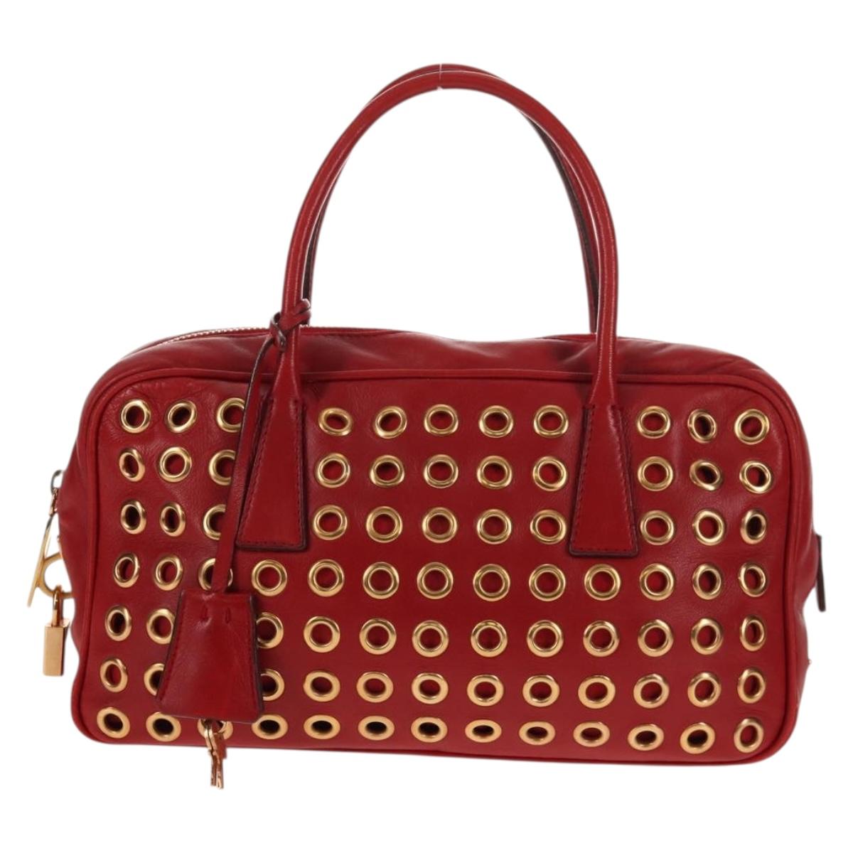 PRADA Hand Bag Leather Red Gold Auth 144642V