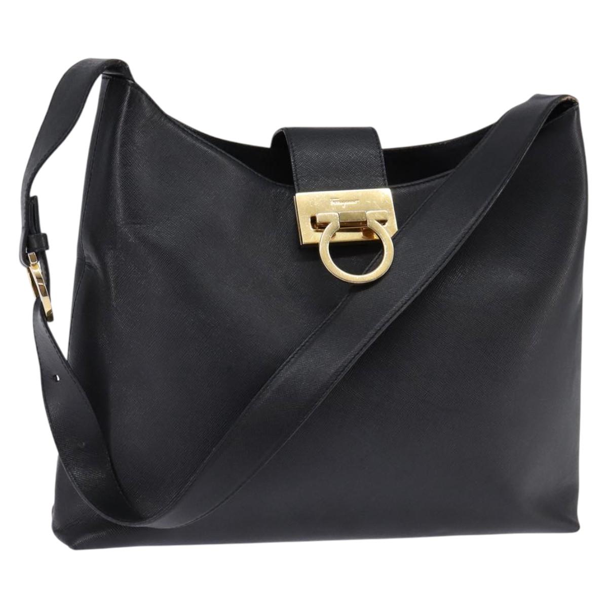 Salvatore Ferragamo Gancini Shoulder Bag Leather Black Gold Auth 144644