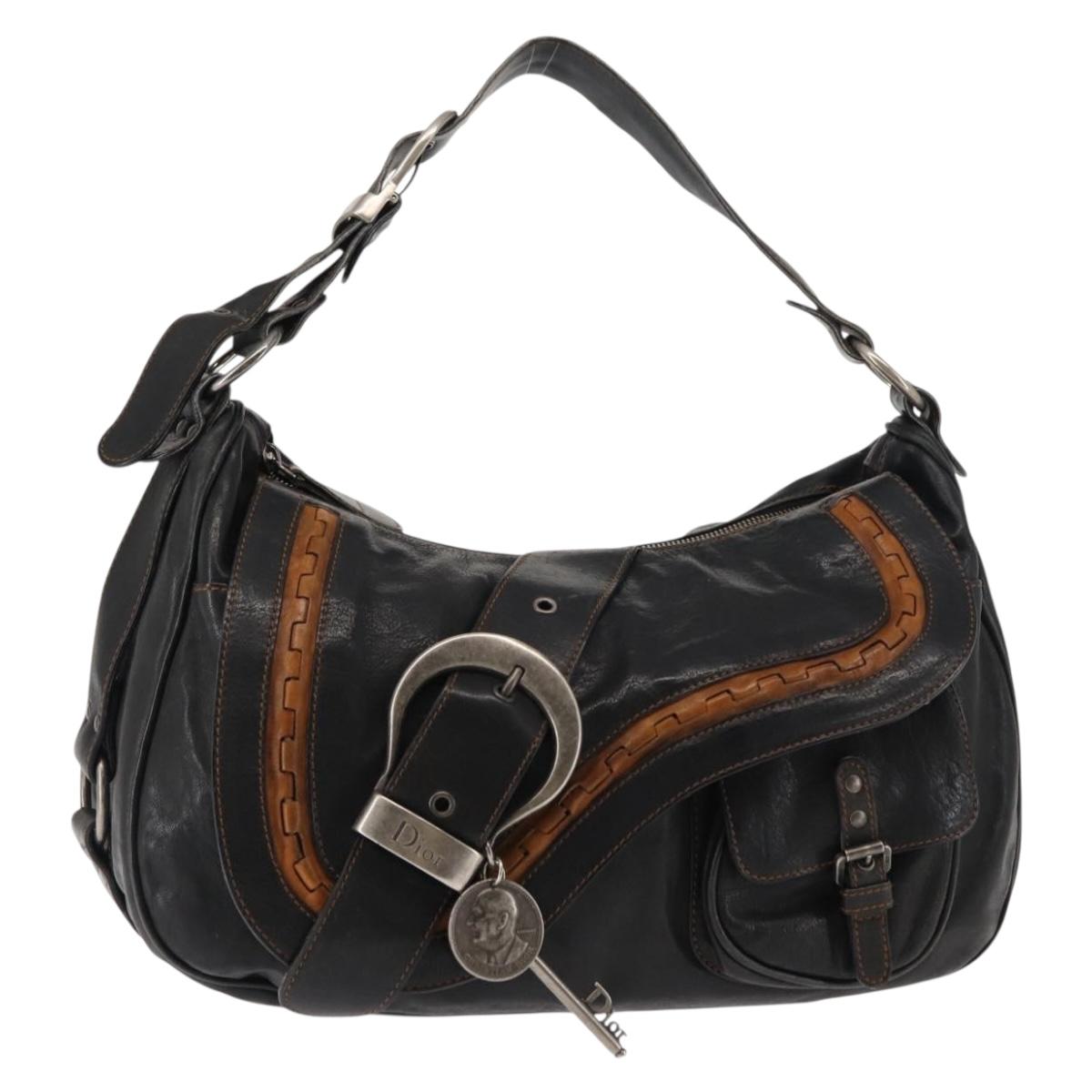 Christian Dior Gaucho Shoulder Bag Leather Black Auth 144647
