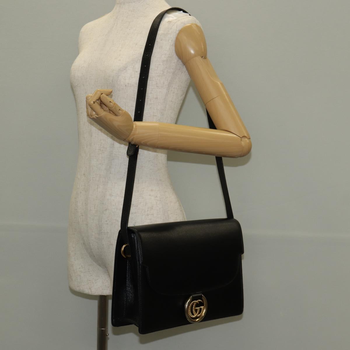 GUCCI GG Logo Shoulder Bag Leather Black Gold 589471 Auth 144672M