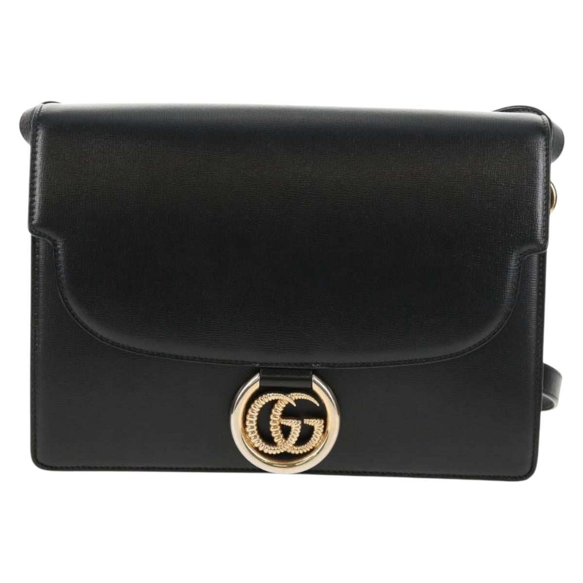 GUCCI GG Logo Shoulder Bag Leather Black Gold 589471 Auth 144672M