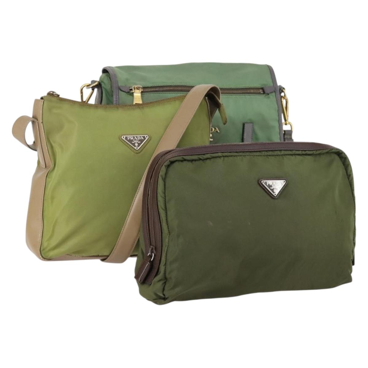 PRADA Pouch Bag Nylon 3Set Green Khaki Light green Auth 144723