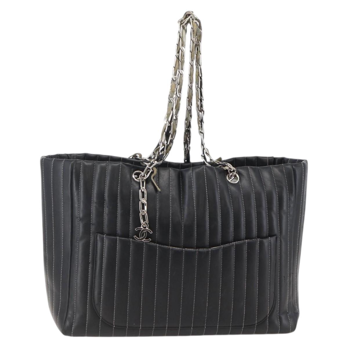 CHANEL New Mademoiselle Chain Tote Bag Leather Black Silver CC Auth 144808