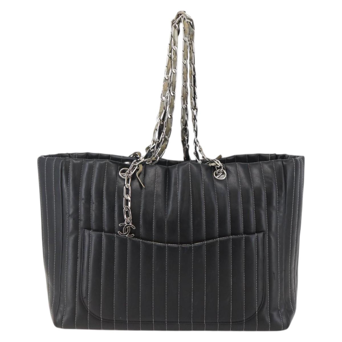 CHANEL New Mademoiselle Chain Tote Bag Leather Black Silver CC Auth 144808