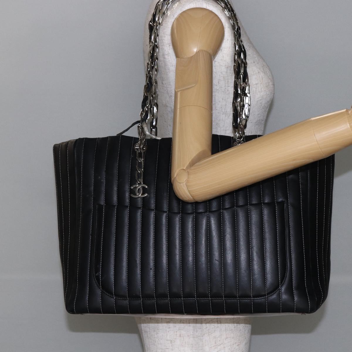 CHANEL New Mademoiselle Chain Tote Bag Leather Black Silver CC Auth 144808