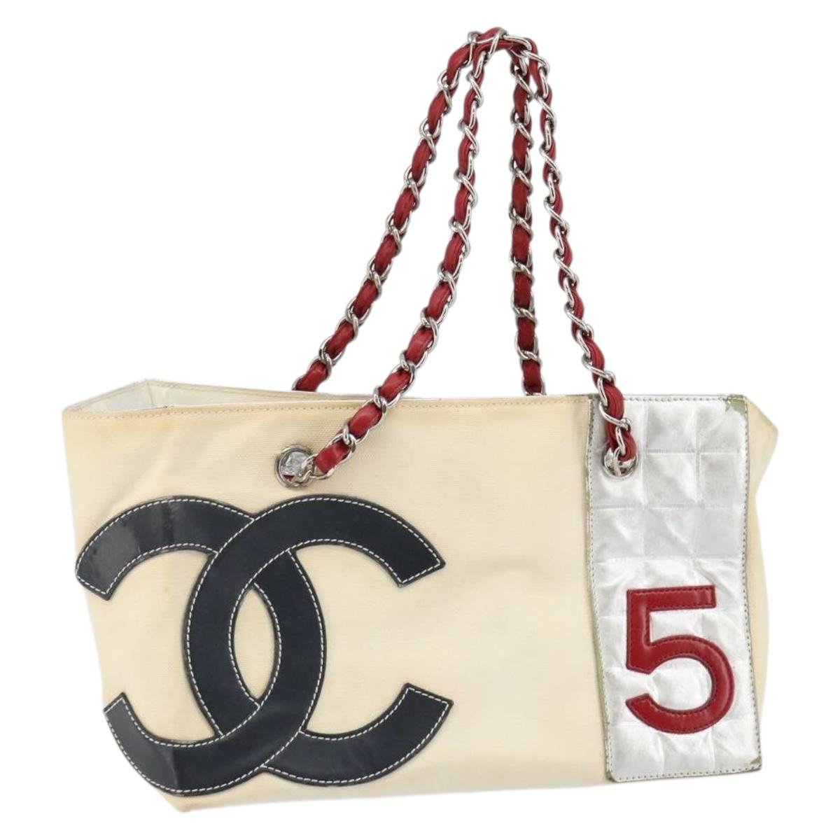 CHANEL Chain Tote Bag No5 Canvas Beige Silver CC Auth 144809