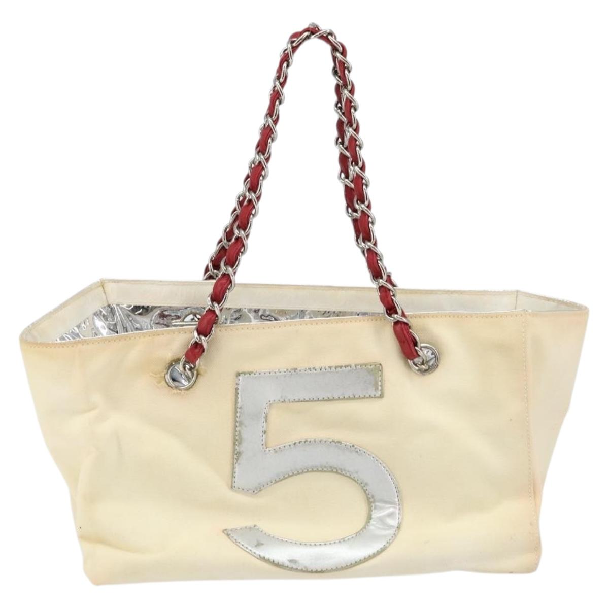 CHANEL Chain Tote Bag No5 Canvas Beige Silver CC Auth 144809