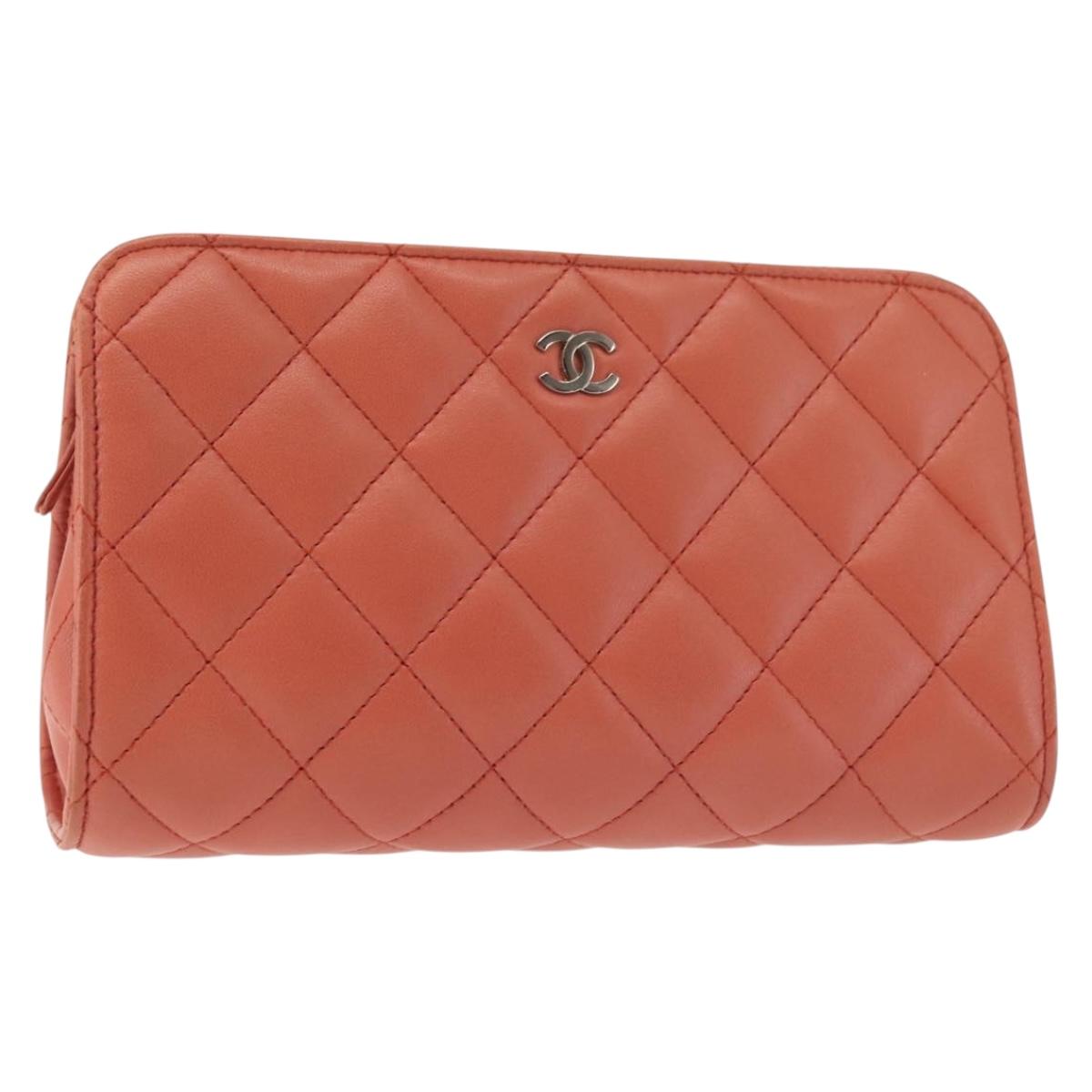 CHANEL Matelasse Pouch Lamb Skin Orange Silver CC Auth 144810