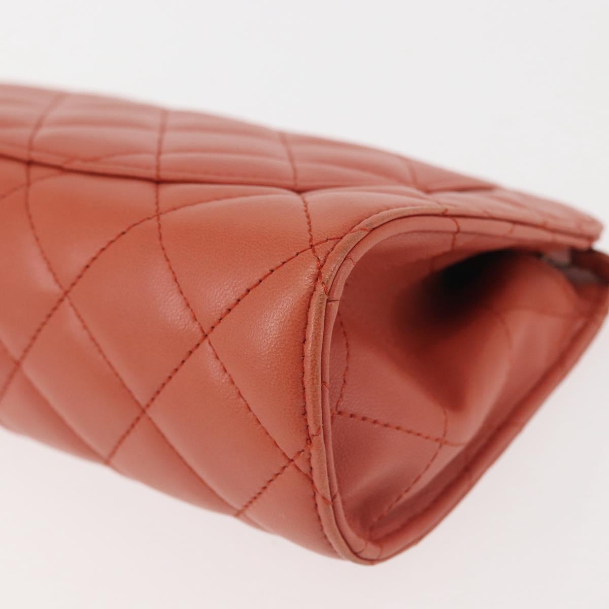 CHANEL Matelasse Pouch Lamb Skin Orange Silver CC Auth 144810