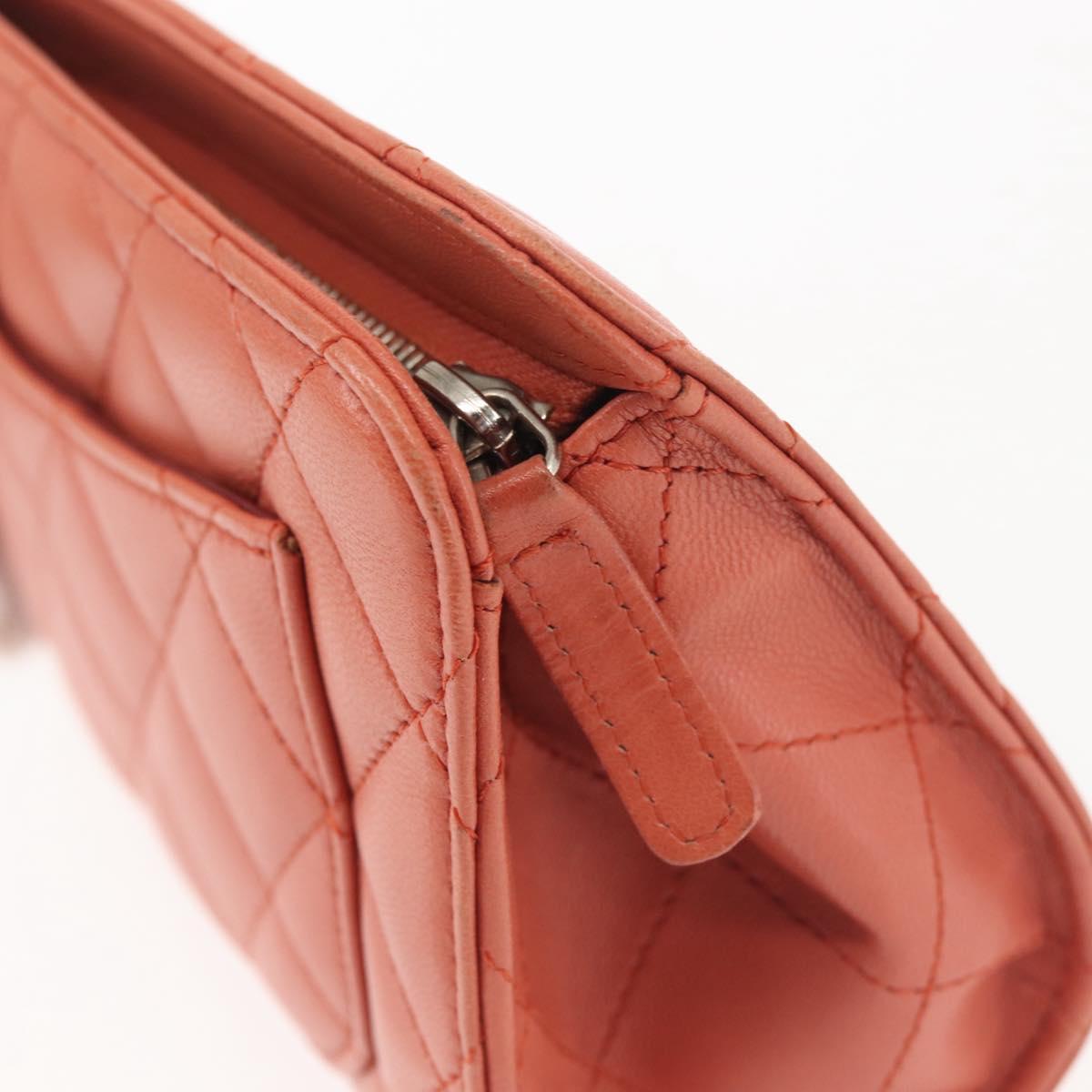 CHANEL Matelasse Pouch Lamb Skin Orange Silver CC Auth 144810
