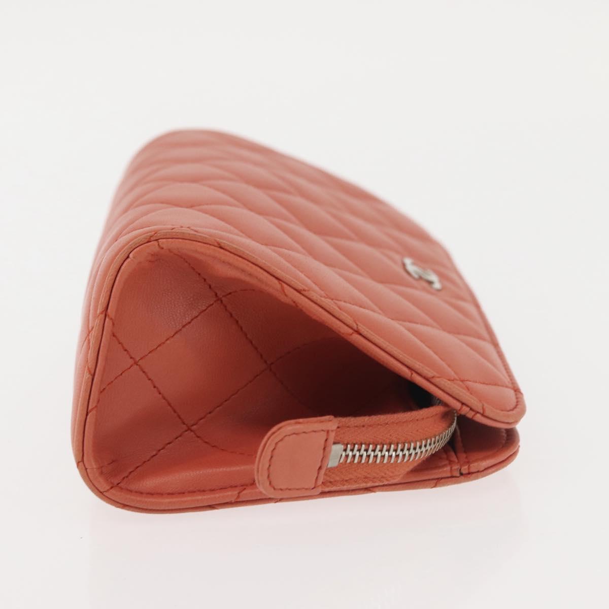 CHANEL Matelasse Pouch Lamb Skin Orange Silver CC Auth 144810