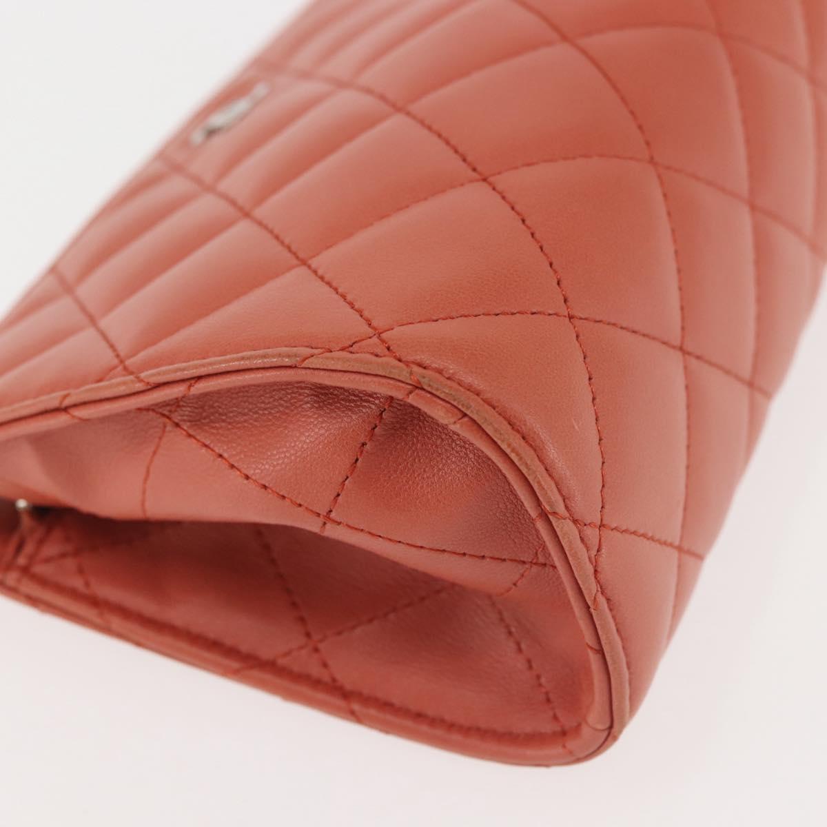CHANEL Matelasse Pouch Lamb Skin Orange Silver CC Auth 144810