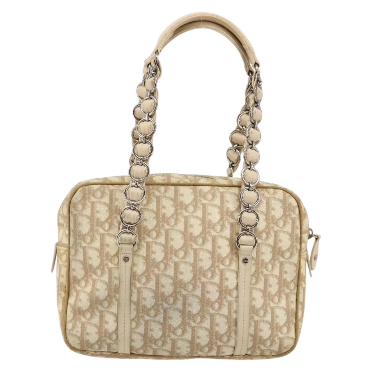 Christian Dior Trotter Canvas Romantic Chain Hand Bag PVC Beige Auth 144811