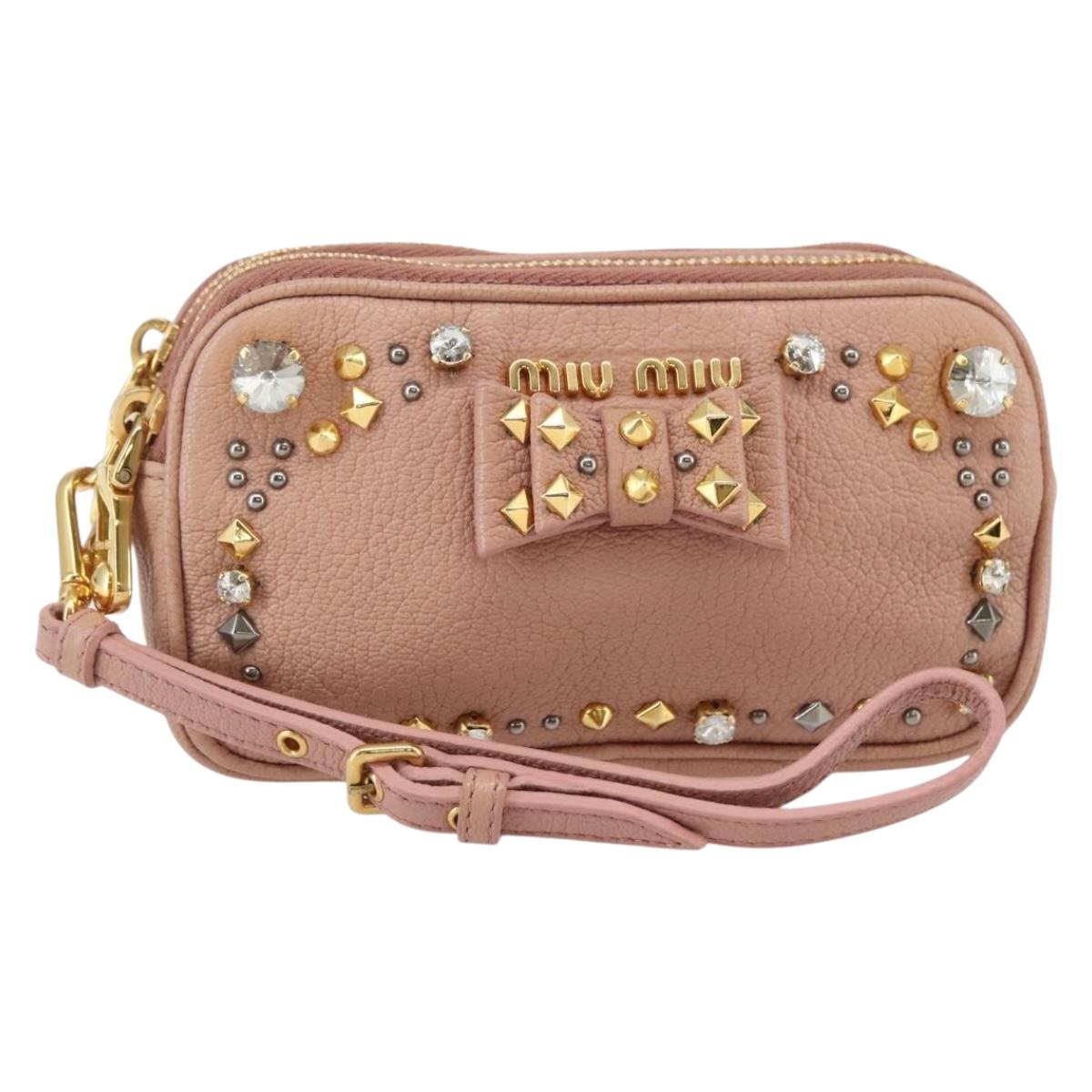 Miu Miu Pouch Leather Beige Gold Auth 144819V