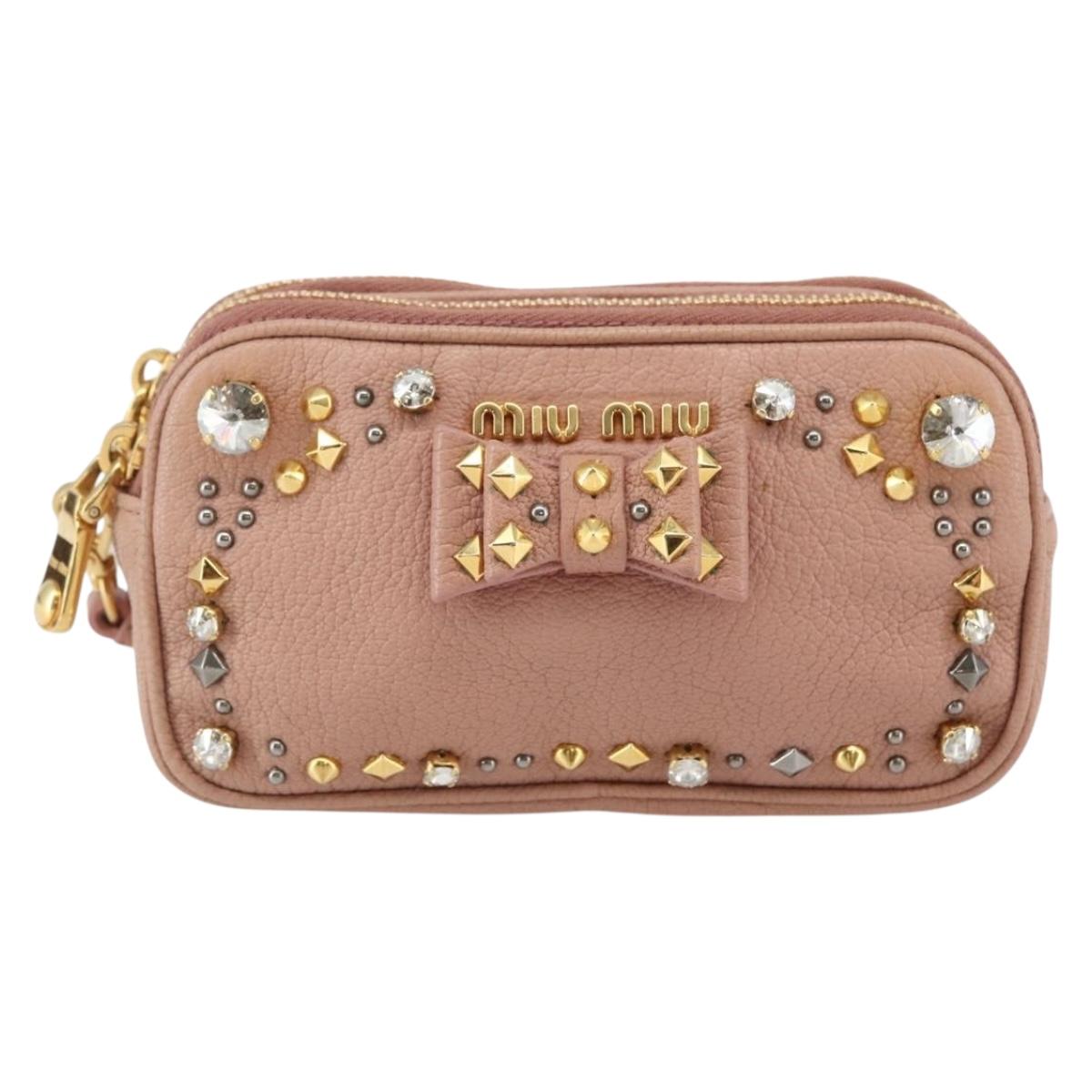 Miu Miu Pouch Leather Beige Gold Auth 144819V