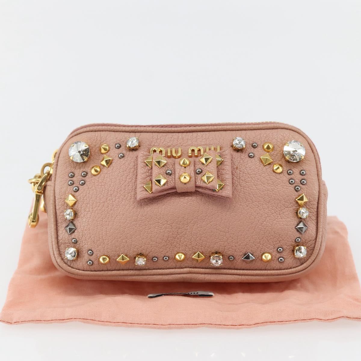 Miu Miu Pouch Leather Beige Gold Auth 144819V