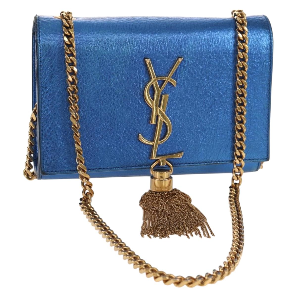 SAINT LAURENT Chain Kate Small Shoulder Bag Leather Blue Gold Auth 144825AV