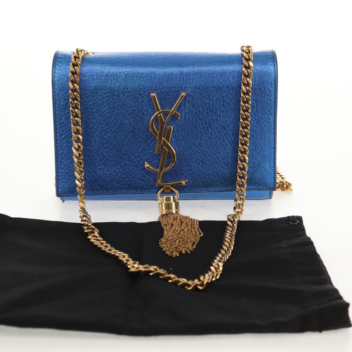 SAINT LAURENT Chain Kate Small Shoulder Bag Leather Blue Gold Auth 144825AV