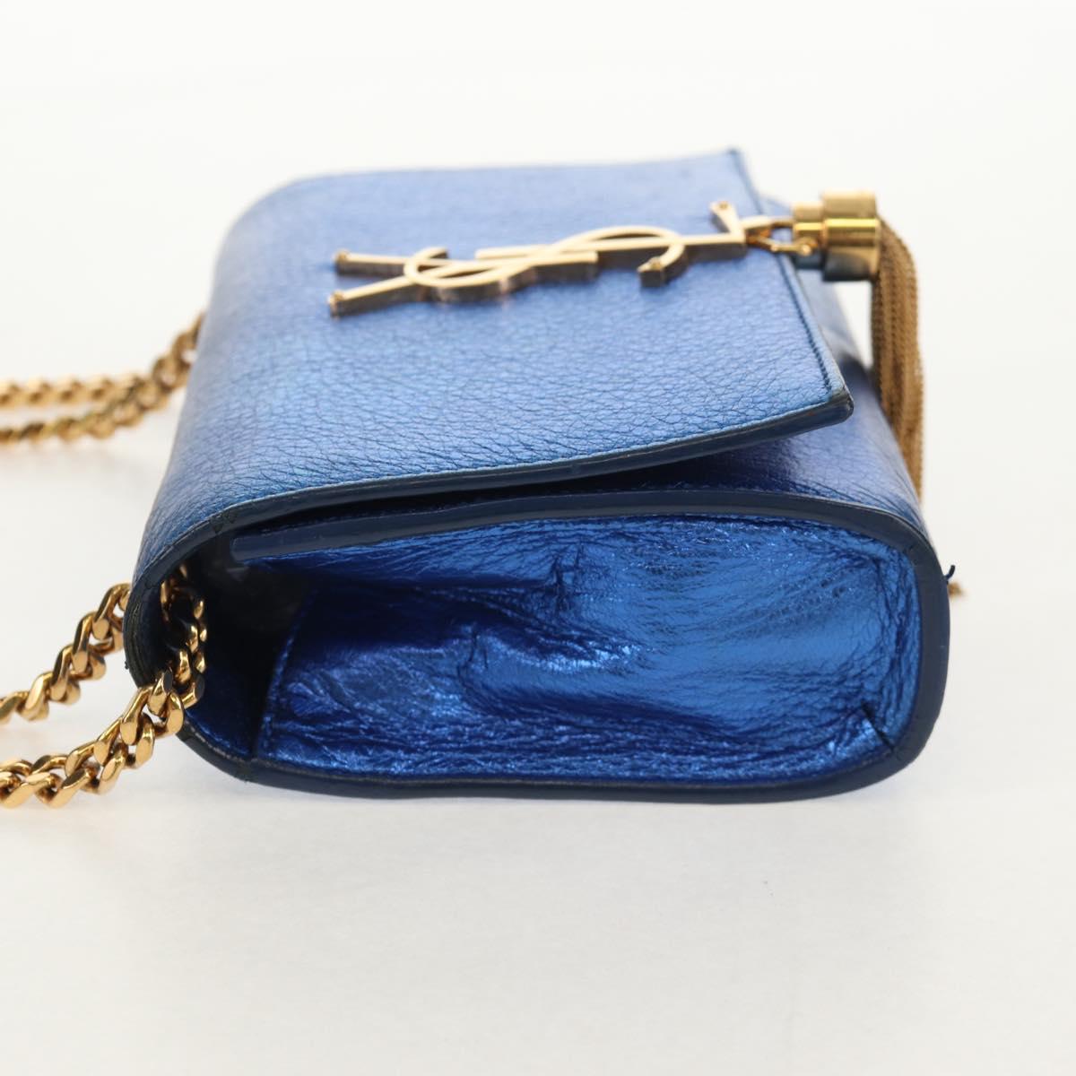 SAINT LAURENT Chain Kate Small Shoulder Bag Leather Blue Gold Auth 144825AV