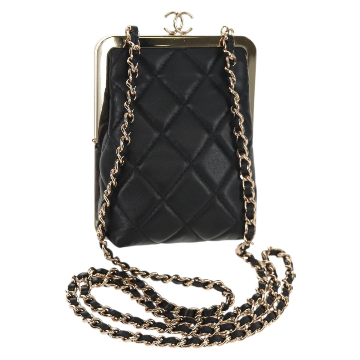 CHANEL Matelasse Chain Shoulder Bag Lamb Skin Black Gold CC Auth 144829AM