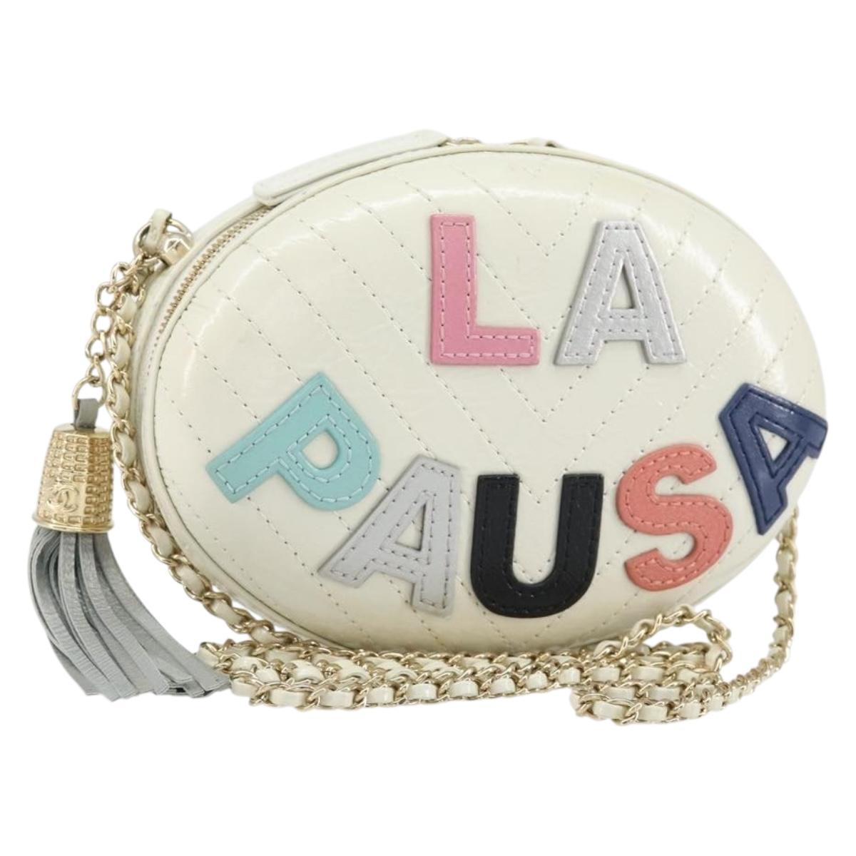 CHANEL V Stitch Chain Shoulder Bag Leather White Gold CC Auth 144830SAV