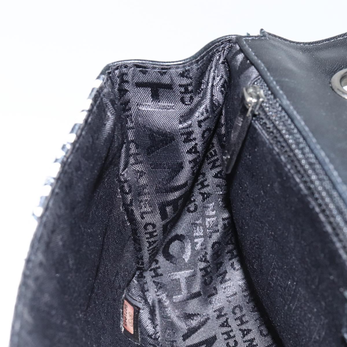 CHANEL Choco Bar Chain Shoulder Bag Satin Black Silver CC Auth 144833V